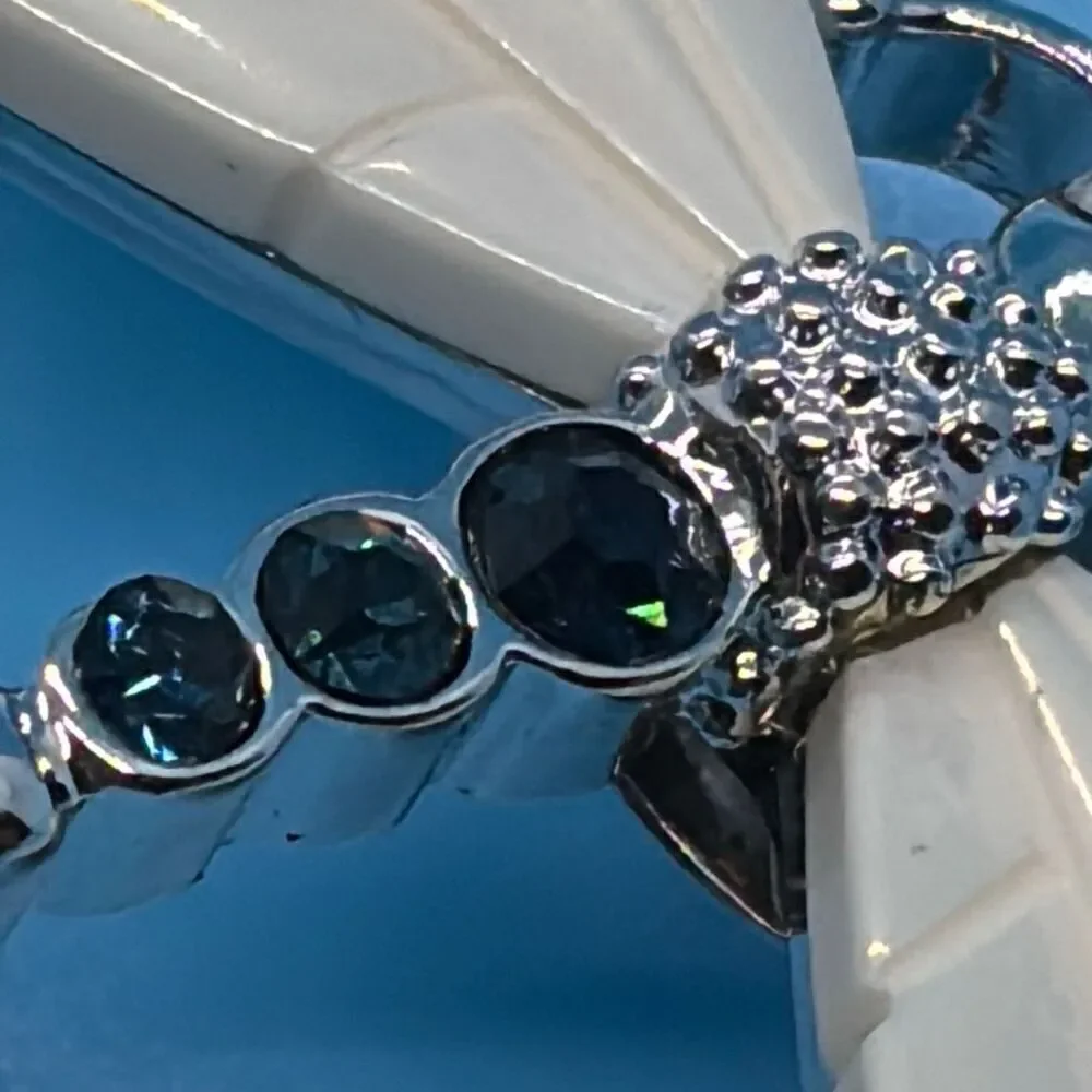 Vtg Joan Rivers Dragonfly pin brooch silver white opal wings crystal body +box